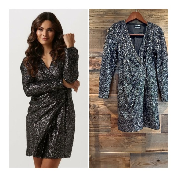 $245 Scotch & Soda Sequin Wrap Dress in Black - Picture 1 of 11